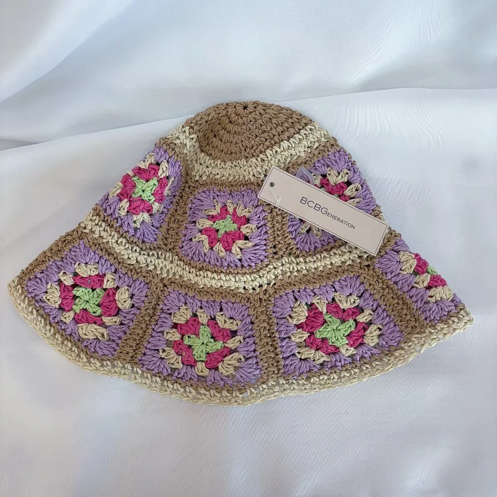 BCBGeneration Straw Crochet Granny Square Bucket Hat Multicolor Size OS